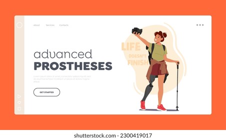 Advanced Prostheses Landing Page Template. Woman Hiker With Leg Prosthesis. Inspiring Female Character Defying Limitations And Proving That Anything Is Possible. Cartoon People Vector Illustration