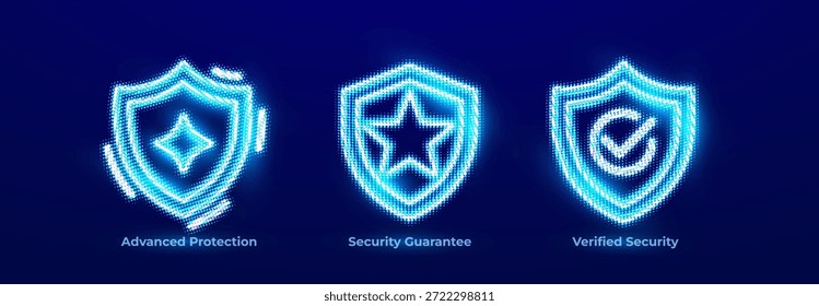 Proteção avançada Segurança Premium Segurança Cyber Defence Conjunto de Ícones Neon, Garantia de Segurança Confiável Proteção Confiável Logotipo Neon, Segurança Verificada Proteção Confiável Proteção Segura. Ilustração de vetor