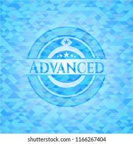 Advanced realistic light blue emblem. Mosaic background