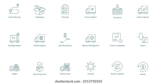 Advanced Road Planning and Global Logistics Ícone do Vetor Definido para Cadeia de Suprimento Sustentável e Gerenciamento de Frete