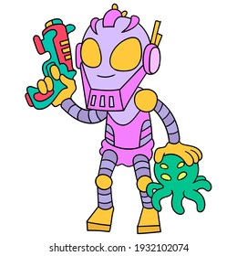 advanced robot carrying alien hunter laser gun, vector illustration art. doodle icon image kawaii.