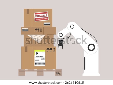 An advanced robot works tirelessly in a dynamic warehouse, expertly stacking, sorting, and managing packages while ensuring fragile items are handled with utmost care