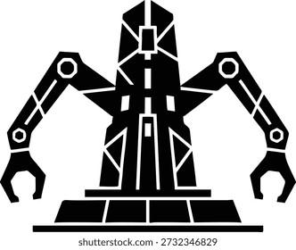 Estación de Procesamiento Robótico Avanzado para Sistemas de Agricultura Inteligentes. Ilustración vectorial minimalista en blanco y negro con espacio negativo fuerte y Formas geométricas. Representa la automatización del Industrial, la tecnología agrícola de precisión y el futuro de la infraestructura agrícola autónoma en un estilo plano audaz