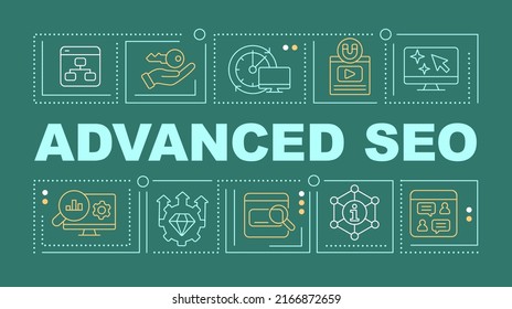 Advanced search engine optimization word concepts dark green banner. Infographics with editable icons on color background. Isolated typography. Vector illustration with text. Arial-Black font used