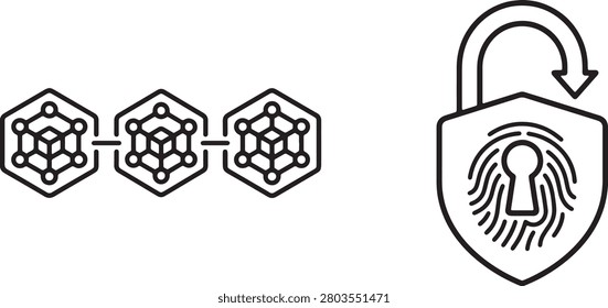 Advanced security line icons detailing a horizontal row of connected hexagonal block structures alongside an open padlock combined with a human fingerprint scan. Best for biometric authentication screens, cryptographic ledger tracking, and modern cybersecurity software dashboards.