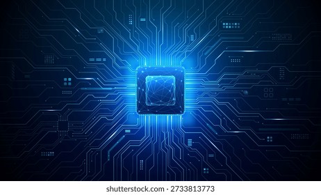 Advanced semiconductor chip with radiating circuit pathways creating detailed microchip network, digital technology concept with blue light accents on clean background. Digital technology background.