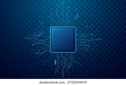 Design avançado de circuito semicondutor com fiação técnica azul em um fundo transparente. Arquitetura de chip digital apresentando componentes eletrônicos de precisão e caminhos de dados. Chip vetorial digital.