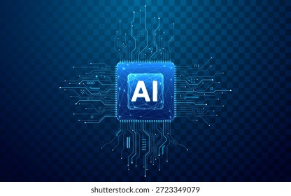 Advanced semiconductor circuit with glowing AI core on transparent tech background. Blue digital processor chip with intricate wiring and luminous central icon in futuristic style. Technology vector