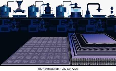 Advanced Semiconductor Manufacturing and AI Chip Fabrication Process
Detailed semiconductor manufacturing illustration showing wafer fabrication, lithography, etching, inspection and advanced chip packaging for modern computing technology.