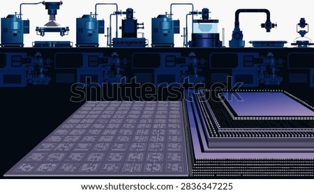 Advanced Semiconductor Manufacturing and AI Chip Fabrication Process
Detailed semiconductor manufacturing illustration showing wafer fabrication, lithography, etching, inspection and advanced chip packaging for modern computing technology.