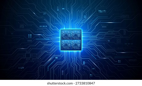 Advanced semiconductor technology with intricate chip circuitry and AI-powered microchip architecture forming complex digital patterns on futuristic tech background. Digital blue technology background