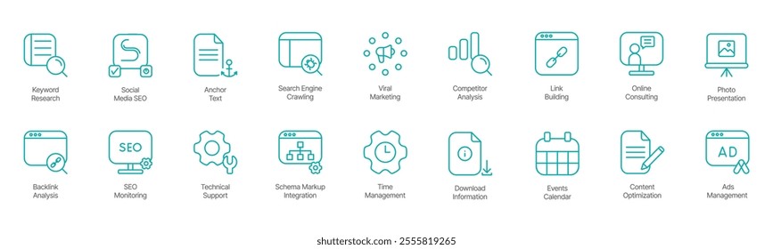 Advanced SEO and Marketing Icon Set – Keyword Research, Social Media SEO, Anchor Text, Search Engine Crawling, Viral Marketing, Computer Analysis, Link Building, Online Consulting, Photo Presentation 