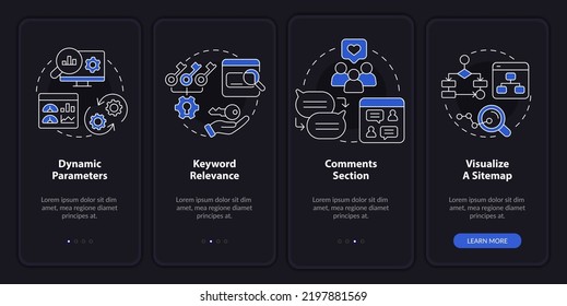 Advanced SEO night mode onboarding mobile app screen. Walkthrough 4 steps editable graphic instructions with linear concepts. UI, UX, GUI template. Myriad Pro-Bold, Regular fonts used
