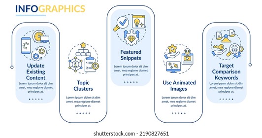 Advanced SEO technique rectangle infographic template. Data visualization with 5 steps. Editable timeline info chart. Workflow layout with line icons. Lato-Bold, Regular fonts used