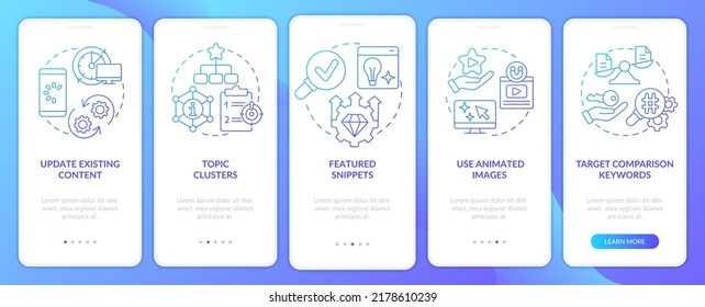 Advanced SEO techniques blue gradient onboarding mobile app screen. Walkthrough 5 steps graphic instructions with linear concepts. UI, UX, GUI template. Myriad Pro-Bold, Regular fonts used