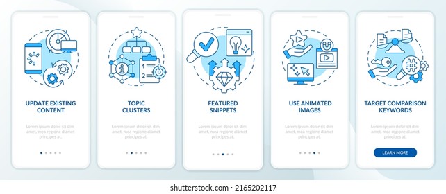 Técnicas SEO avanzadas pantalla azul de aplicación móvil incorporada. Recorrido 5 pasos instrucciones gráficas editables con conceptos lineales. UI, UX, plantilla GUI. Multitud de tipos de letra Pro-Bold, con uso regular