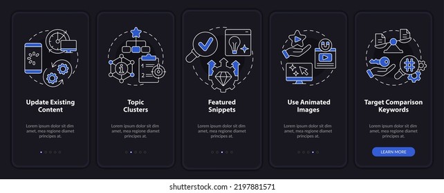 Advanced SEO techniques night mode onboarding mobile app screen. Walkthrough 5 steps editable graphic instructions with linear concepts. UI, UX, GUI template. Myriad Pro-Bold, Regular fonts used