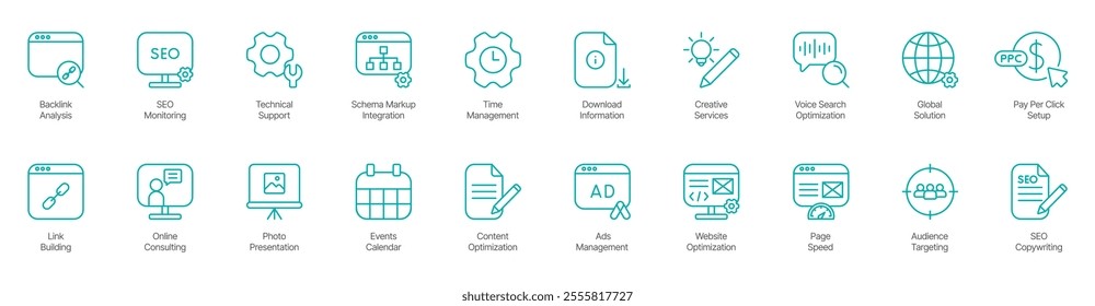 Advanced SEO and Web Optimization Icon Set – Anchor Text, Search Engine Crawling, Viral Marketing, Computer Analysis, Responsive Web Design, Mobile Marketing, Photo Presentation, Events Calendar 