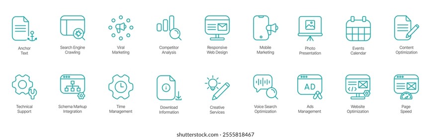 Advanced SEO and Web Optimization Icon Set – Anchor Text, Search Engine Crawling, Viral Marketing, Computer Analysis, Responsive Web Design, Mobile Marketing, Photo Presentation, Events Calendar 