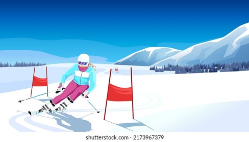 Advanced skier slides near mountain downhill. Sports descent on skis in mountains hills. Winter activity. Skiing in winter Alps. Winter sport resort with mountain landscape. Vector illustration