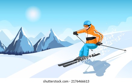 Advanced skier slides near mountain downhill. Sports descent on skis in mountains hills. Winter activity. Skiing in winter Alps. Winter sport resort with mountain landscape. Vector illustration