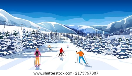 Advanced skier slides near mountain downhill. Sports descent on skis in mountains hills. Winter activity. Skiing in winter Alps. Winter sport resort with mountain landscape. Vector illustration