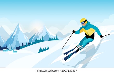 Advanced skiers slides near the mountain downhill. Cross-country skiers. Sports descent on skis from the mountain. Vector illustration