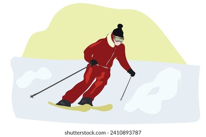 Advanced skiers slides near the mountain downhill. Cross-country skiers. Sports descent on skis from the mountain. Skiing man in red jacket. Vector illustration. Holiday concept. SHOTLISTtravel