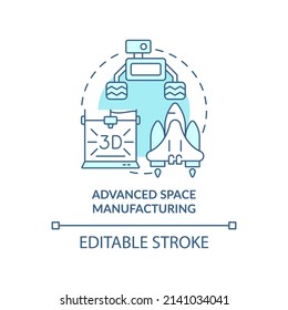 Advanced Space Manufacturing Turquoise Concept Icon. Spacetech Trend Abstract Idea Thin Line Illustration. Isolated Outline Drawing. Editable Stroke. Arial, Myriad Pro-Bold Fonts Used