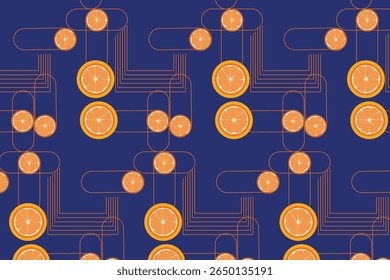  Advanced styled Orange slices and circuit thin lines Seamless Pattern , ideal for EDM event posters and futuristic packaging, Futuristic Style Fruits Seamless Pattern 