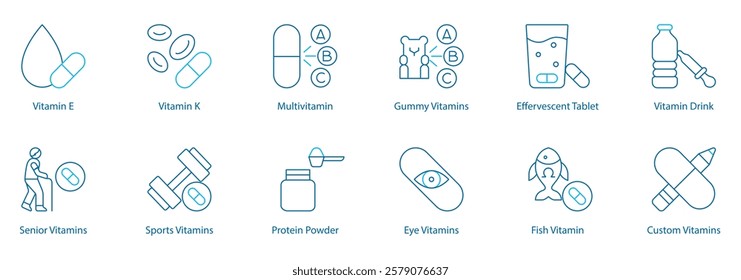 Advanced Supplements and Customization Vector Icon Set – Vitamin E, K, Multivitamin, Gummy and Effervescent Tablets, Vitamin Drink, Senior and Sports Nutrition, Protein Powder, Eye and Fish Vitamins 