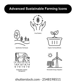 Advanced Sustainable Farming Icons", Agroforestry Techniques, Crop Rotation, Organic Farming Methods, Sustainable Livestock Management, Renewable Energy Integration