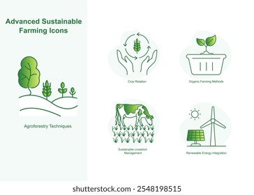 Advanced Sustainable Farming Icons", Agroforestry Techniques, Crop Rotation, Organic Farming Methods, Sustainable Livestock Management, Renewable Energy Integration