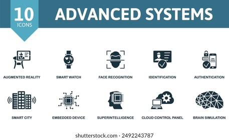 Advanced Systems icon set. Augmented Reality, Smart Watch, Face Recognition, Identification, Authentication, Smart City, Embedded Device, Superintelligence, Cloud Control Panel, Brain Simulation icons