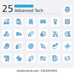 Advanced Tech Icon Pack Blue Color Style with microchip, spacecraft, neural implant, wireless charging, space tourism, gene therapy, voice command, prototype, smart farm and health tech