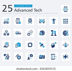 Advanced Tech Icon Pack Color Fill Style with microchip, spacecraft, neural implant, wireless charging, space tourism, gene therapy, voice command, prototype, smart farm and health tech