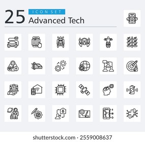 Advanced Tech Icon Pack Outline Style with microchip, spacecraft, neural implant, wireless charging, space tourism, gene therapy, voice command, prototype, smart farm and health tech