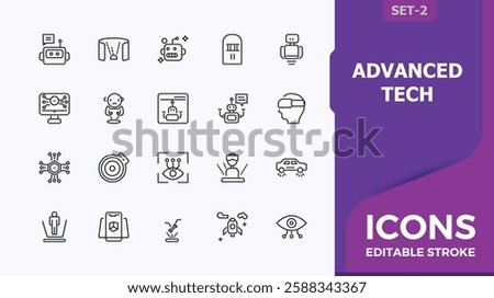 Advanced Tech minimal icon set. Containing robot, chip, cyberspace, eco, control, gadget and more. Minimalist icons for UI. Editable vector illustration.