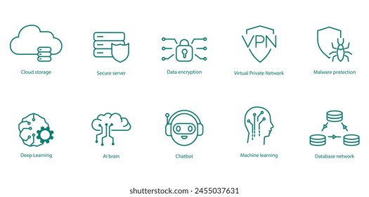 Advanced Tech Vector Icons: Cloud Storage, Server Security, Data Encryption, VPN, Malware Protection, Deep Learning, AI Brain, Chatbot, Machine Learning, Dataset Network