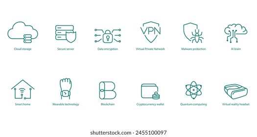 Advanced Tech Vector Icons: Cloud Storage, Secure Network, Data Encryption, VPN, Malware Protection, AI Brain, Smart Home, Smart Wearable, Crypto Wallet, Quantum Computing, Virtual Reality Headset