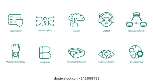 Advanced Tech Vector Icons: Secure Server, Data Encryption, AI Brain, Chatbot, Data Network, Smart Wearable, Blockchain, Augmented Reality, Deep Learning