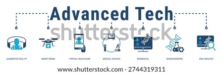 Advanced Tech web banner icon vector illustration with Augmented Reality, Smart Drone, Virtual Healthcare, Medical Devices, Biomedical, Bioengineering and DNA Analysis
