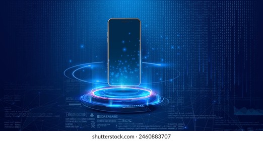 Advanced Technology Concept with Smartphone and Glowing Data. Phone integrated with advanced technology, emitting a radiant data screen on a futuristic blue digital background. Vector