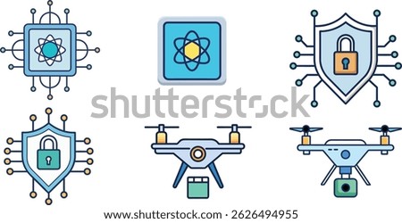 Advanced Technology and Cybersecurity Icons – Minimalist Set Featuring Quantum Computing, Digital Protection, and Drones
