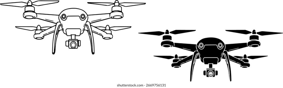 Spitzentechnologie Drohnenflug in der Luft, minimalistische Vektorgrafik, geeignet für Fotografie, Videografie und Innovationskonzepte