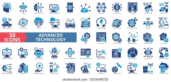 Advanced technology icon collection set. Containing ai, robotic, machine learning, quantum computing, ar, iot, blockchain, cryptocurrency icon. Simple flat vector illustration.