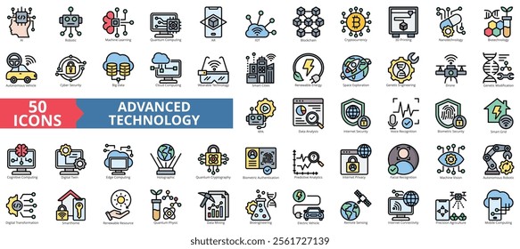 Advanced technology icon collection set. Containing ai, robotic, machine learning, quantum computing, ar, iot, blockchain, cryptocurrency icon. Simple flat outline vector illustration