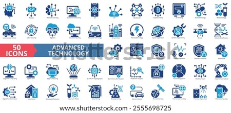 Advanced technology icon collection set. Containing ai, robotic, machine learning, quantum computing, ar, iot, blockchain, cryptocurrency icon. Simple flat vector illustration.