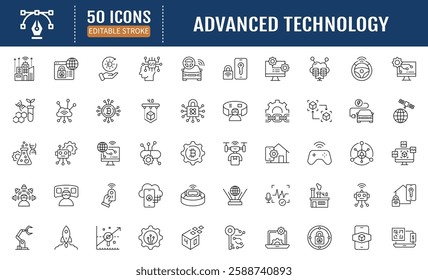 Advanced technology line editable icon set. Containing
ai, robotic, machine learning, quantum computing, ar, iot,
blockchain, cryptocurrency and more. Vector illustration