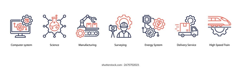 Advanced Technology Systems web banner icon vector illustration featuring Computer System, Science, Manufacturing, Surveying, Energy System, Delivery Service, and High Speed Train.